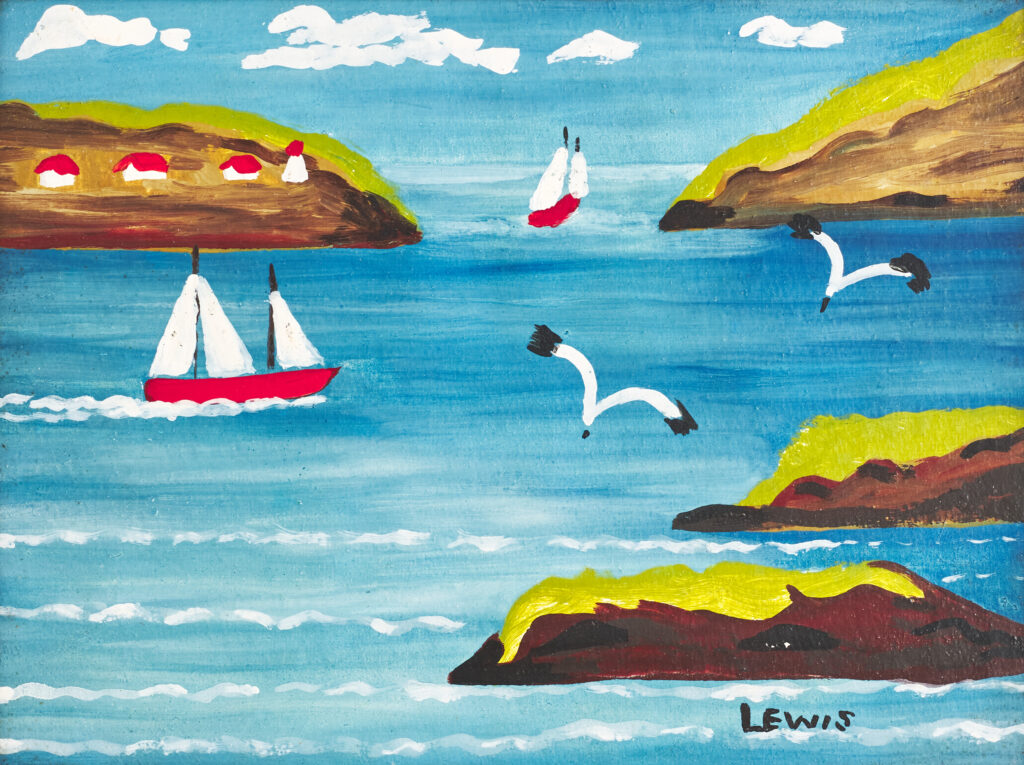 An original folk art painting by Maud Lewis of Marshalltown, Nova Scotia. Seascape painted on beaverboard. In its original frame. Painted in the mid to late 1950s.