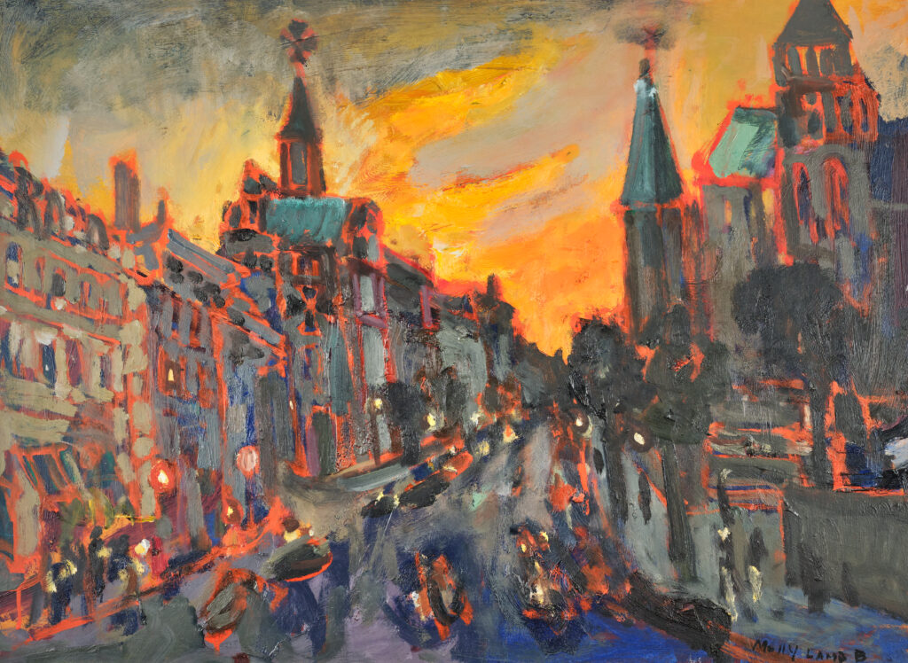 Oil on Masonite painting by Molly Joan Lamb Bobak, R.C.A. (1922-1014). This consignment achieved $23,560 at auction. It is titled "Street at Sundown" and signed lower right by Bobak. 